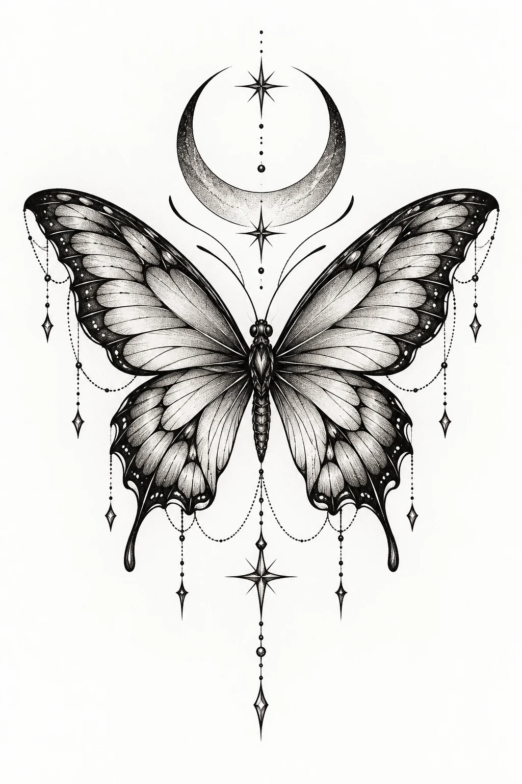 Black Butterfly With Crescent Moon — butterfly underboob tattoo style outfit