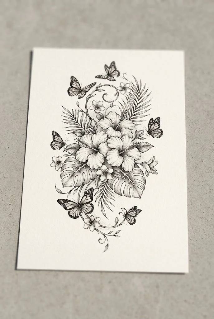 Vibrant Tropical Hibiscus and Monarch Orbit — butterfly wrap around tattoo style outfit