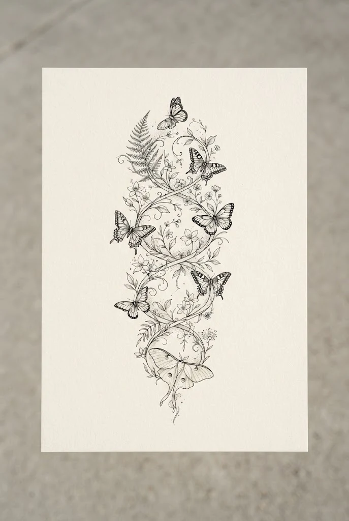 Ethereal Fine-Line Botanical Helix — butterfly wrap around tattoo style outfit