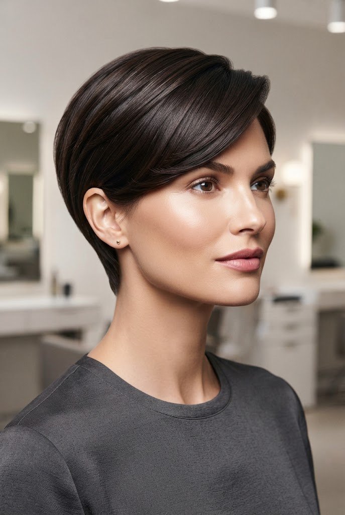 The Polished Side-Swept Pixie — casual short hairstyles simple style outfit