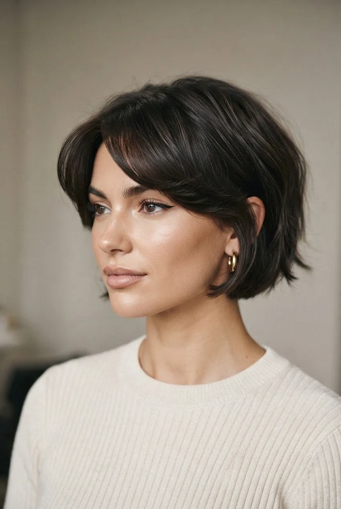 The Swept-Aside Fringe — casual short hairstyles simple style outfit