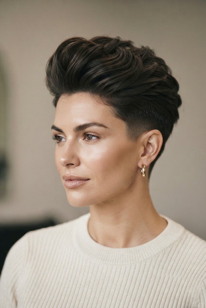 The Voluminous Pompadour Crop — casual short hairstyles simple style outfit