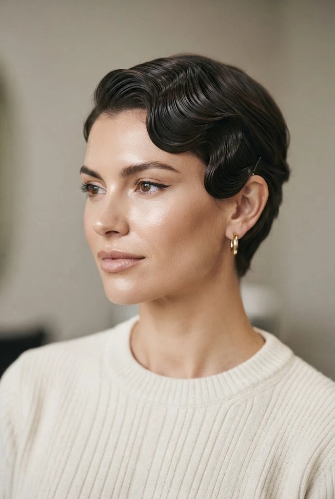The Polished Finger-Wave Accent — casual short hairstyles simple style outfit