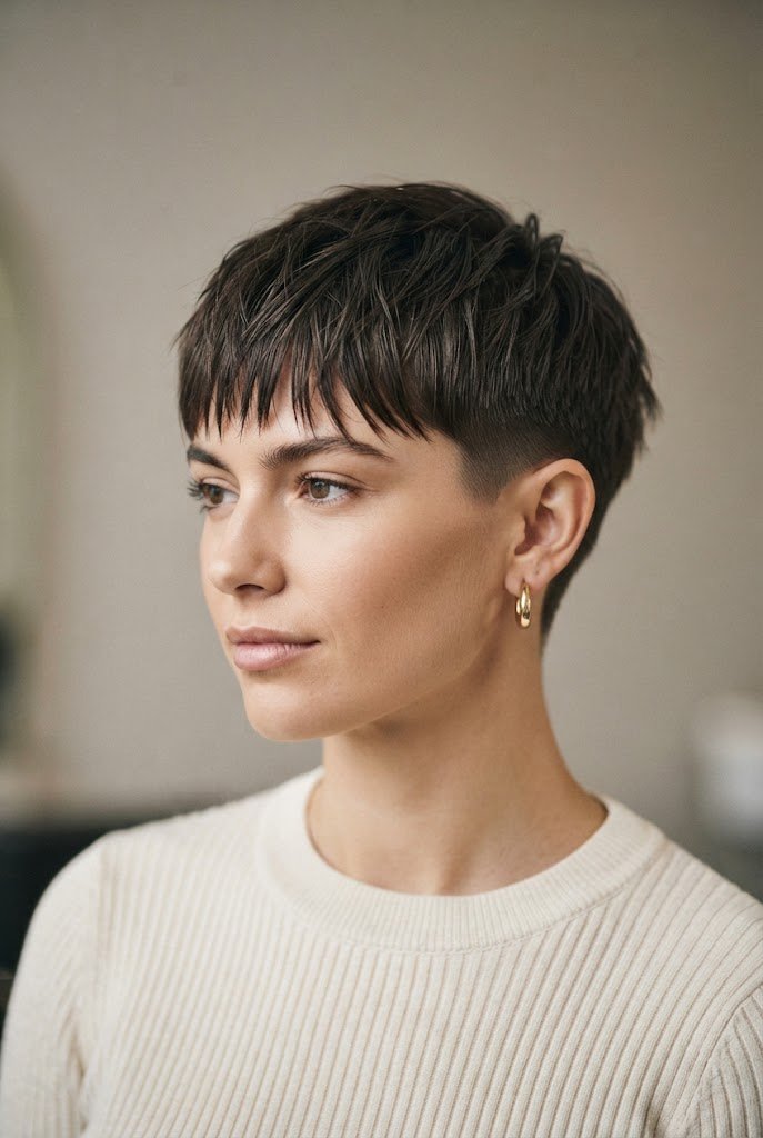 The Brushed-Forward Fringe — casual short hairstyles simple style outfit