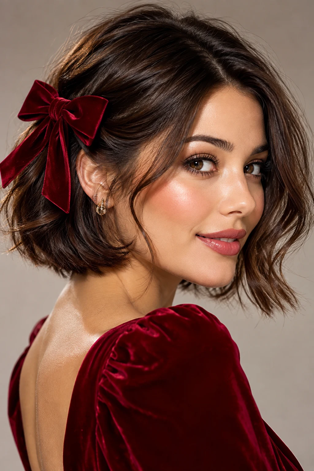 Velvet Bow Bob — Christmas hairstyles for short hair style outfit