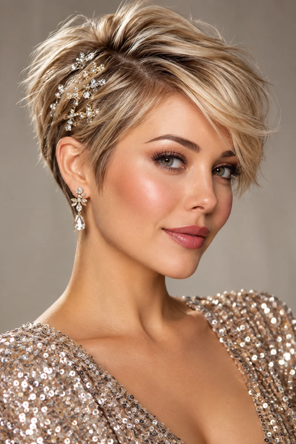 Glittering Side-Part Pixie — Christmas hairstyles for short hair style outfit