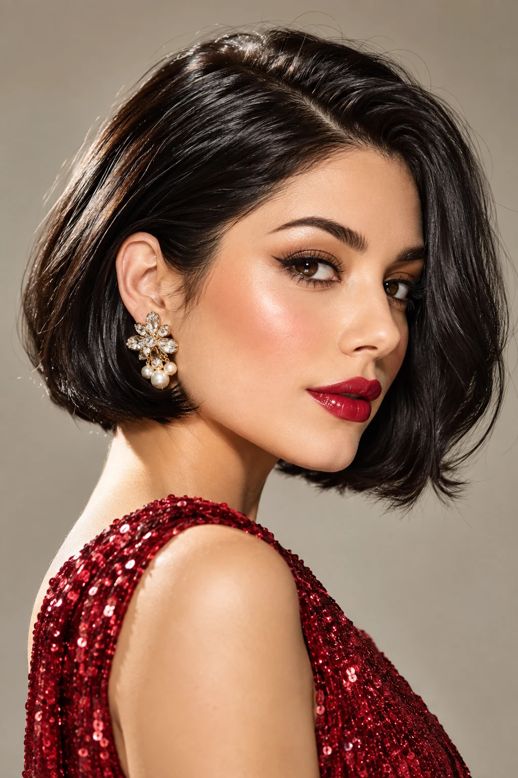 Glossy Black Party Bob — Christmas hairstyles for short hair style outfit