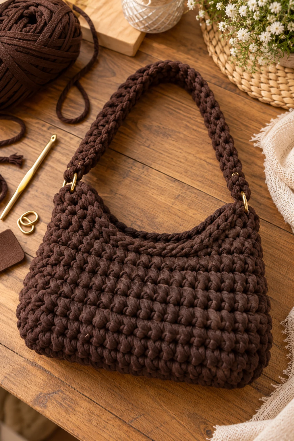 Chocolate Brown Chunky Shoulder Bag — chunky bag crochet style outfit