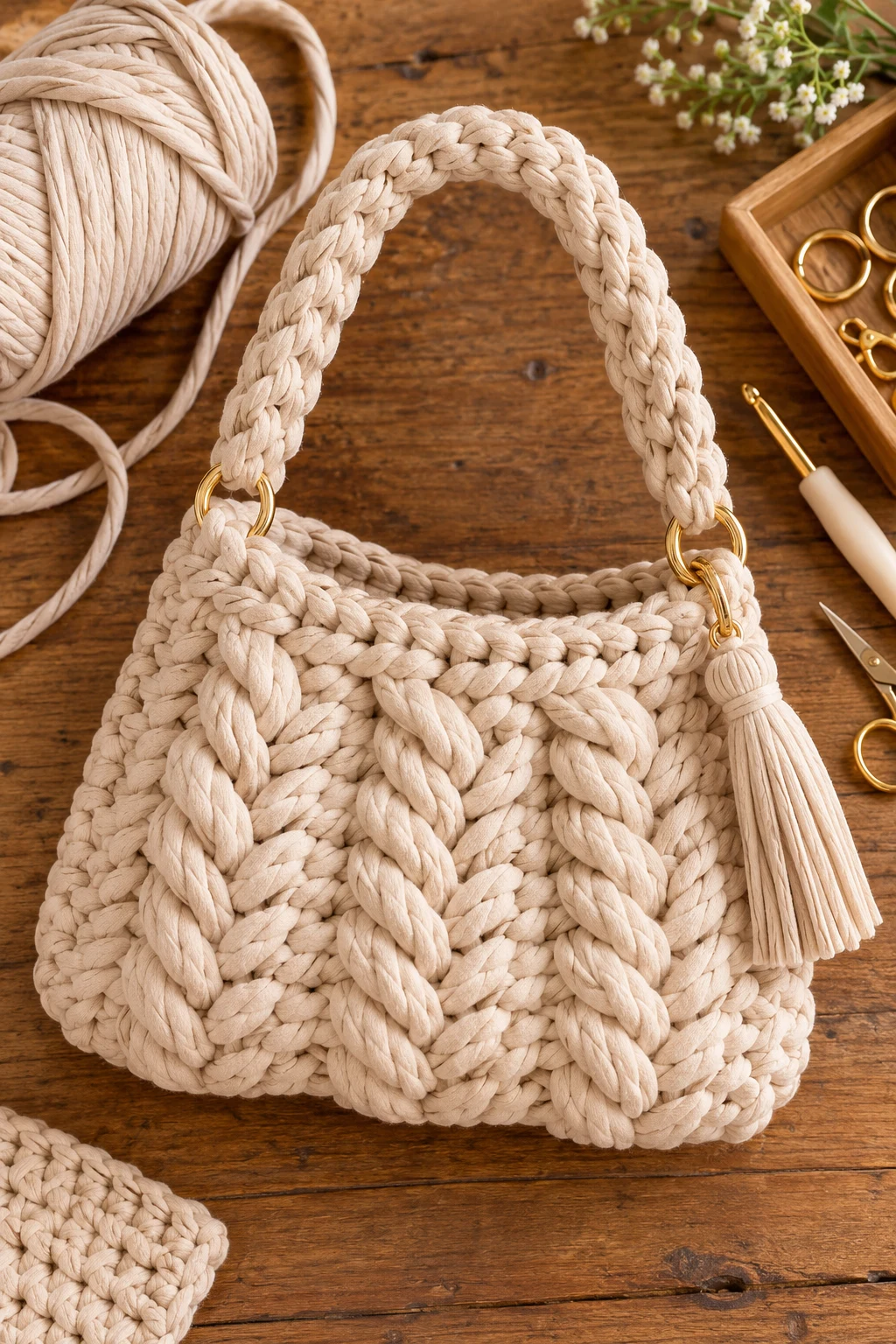 Textured Braided-Stitch Bag — chunky bag crochet style outfit