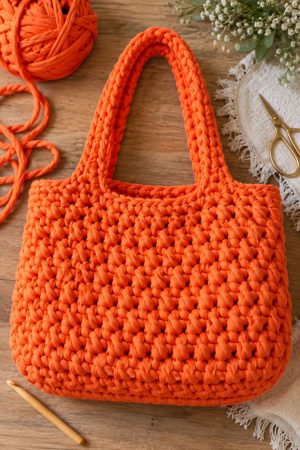 Bright Orange Statement Tote — chunky bag crochet style outfit