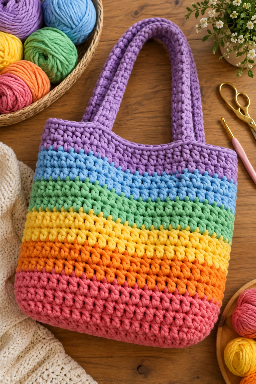 Color-Block Rainbow Tote — chunky bag crochet style outfit