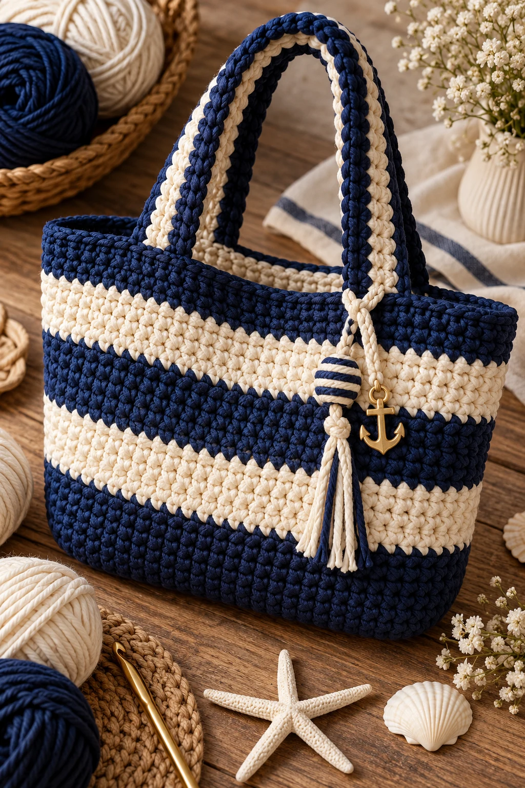Navy-and-Cream Nautical Tote — chunky bag crochet style outfit
