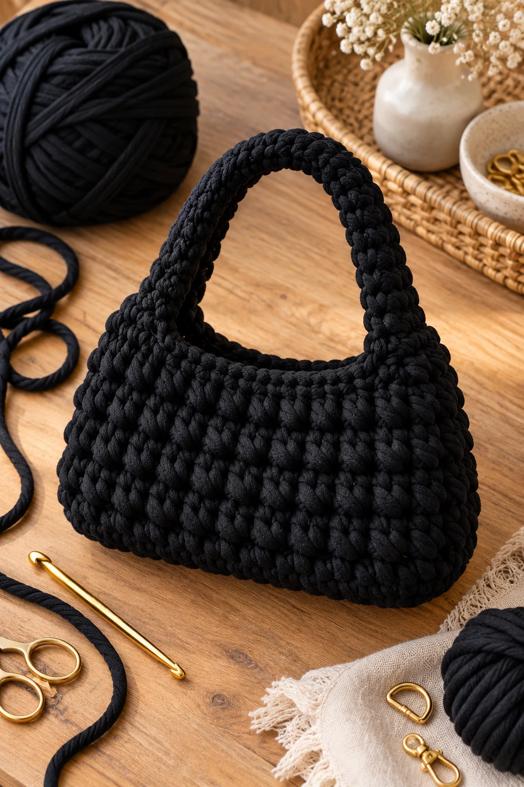 Black Minimalist Chunky Handbag — chunky bag crochet style outfit