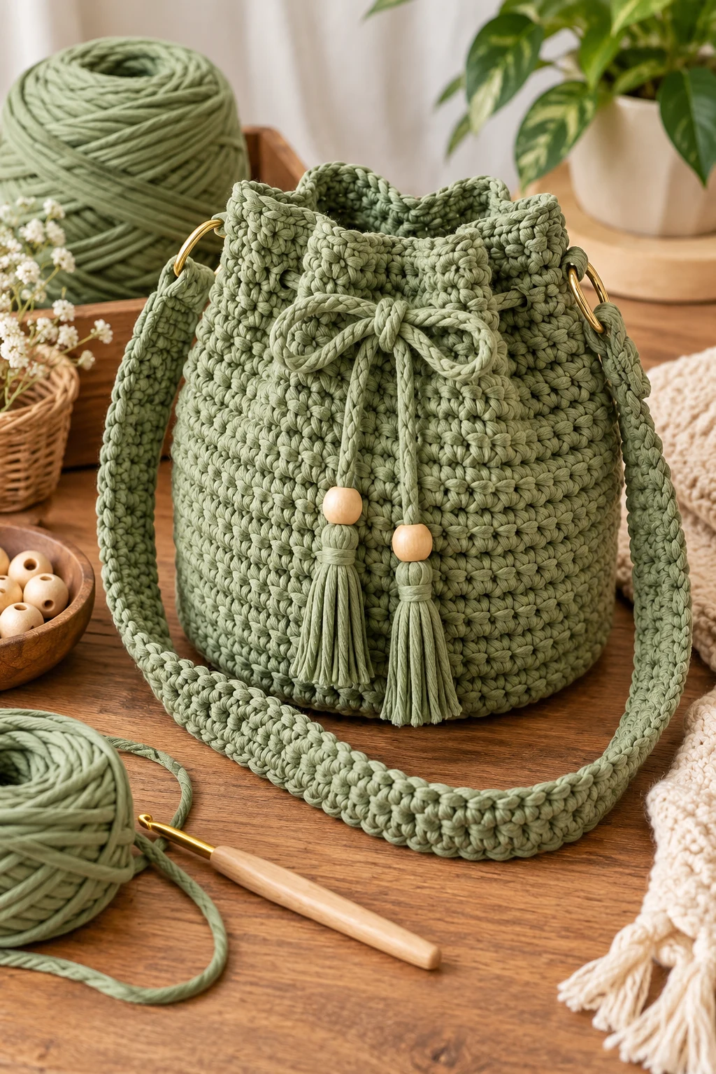 Sage Green Bucket Bag — chunky bag crochet style outfit