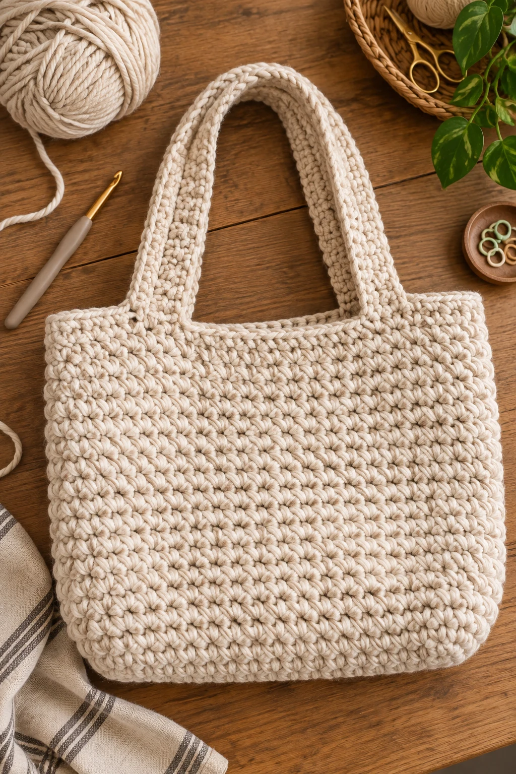 The Everyday Oatmeal Tote — chunky crochet bag style outfit