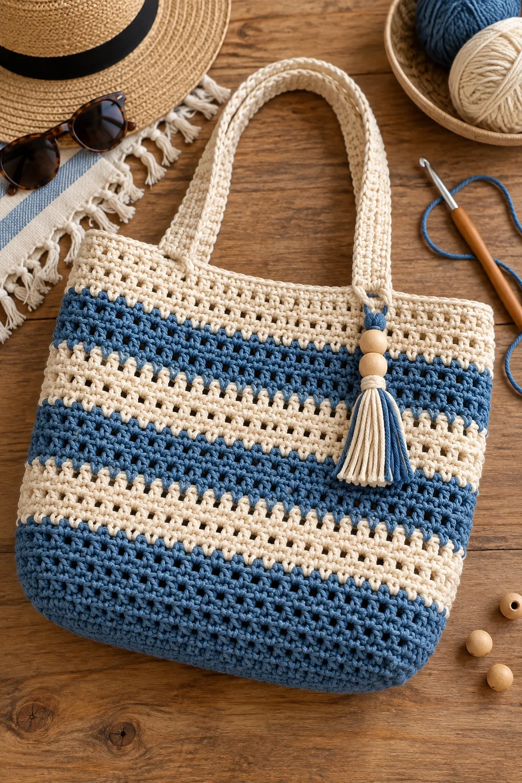 The Striped Beach Tote — chunky crochet bag style outfit