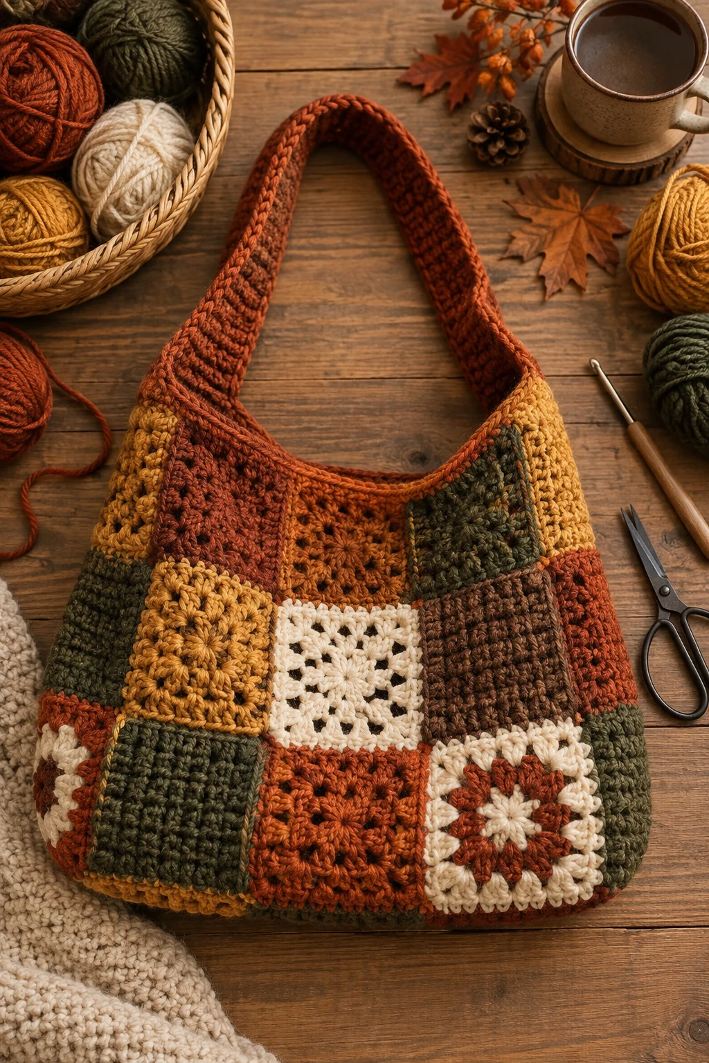 The Cozy Fall Patchwork Bag — chunky crochet bag style outfit