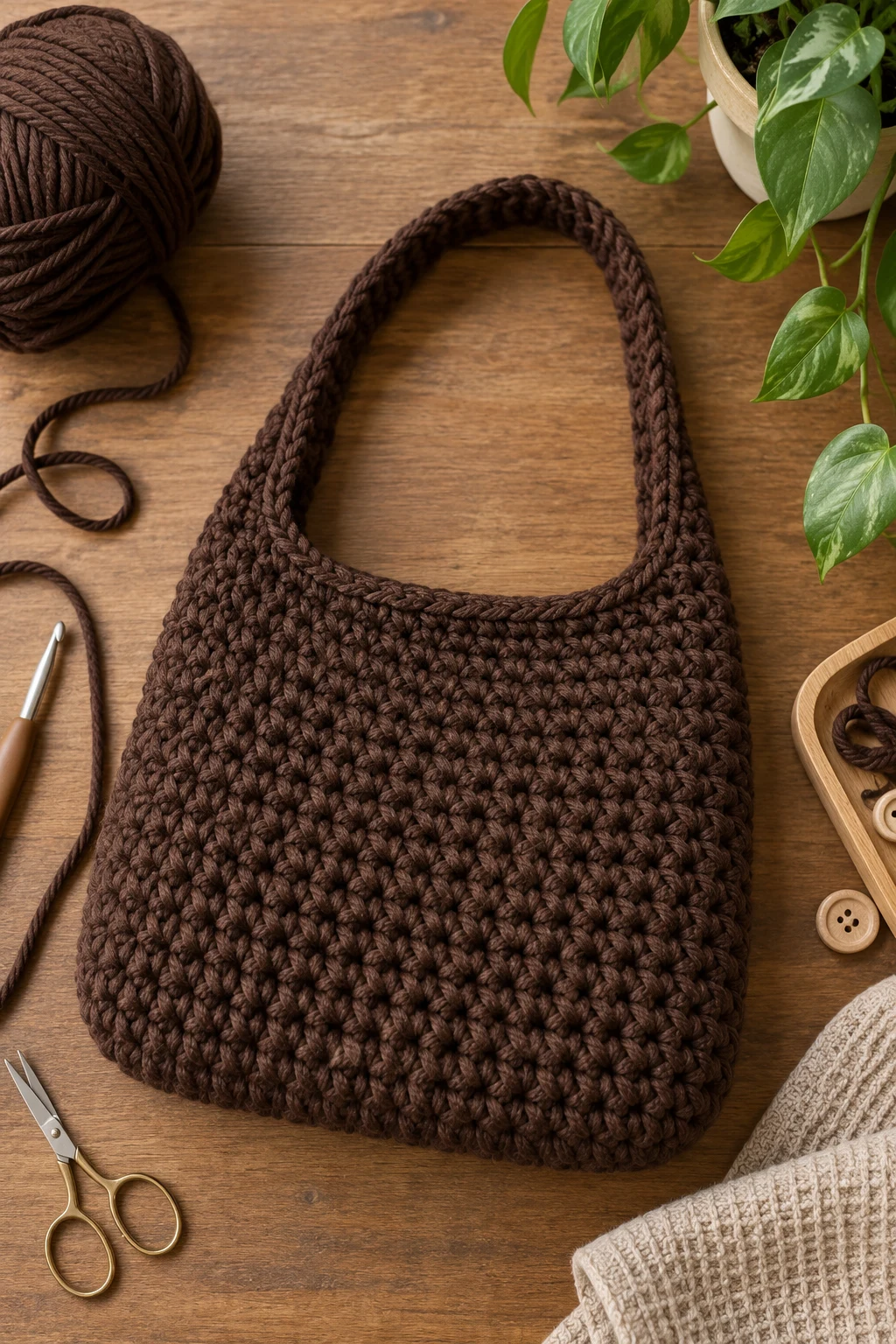 The Chocolate Brown Shoulder Bag — chunky crochet bag style outfit