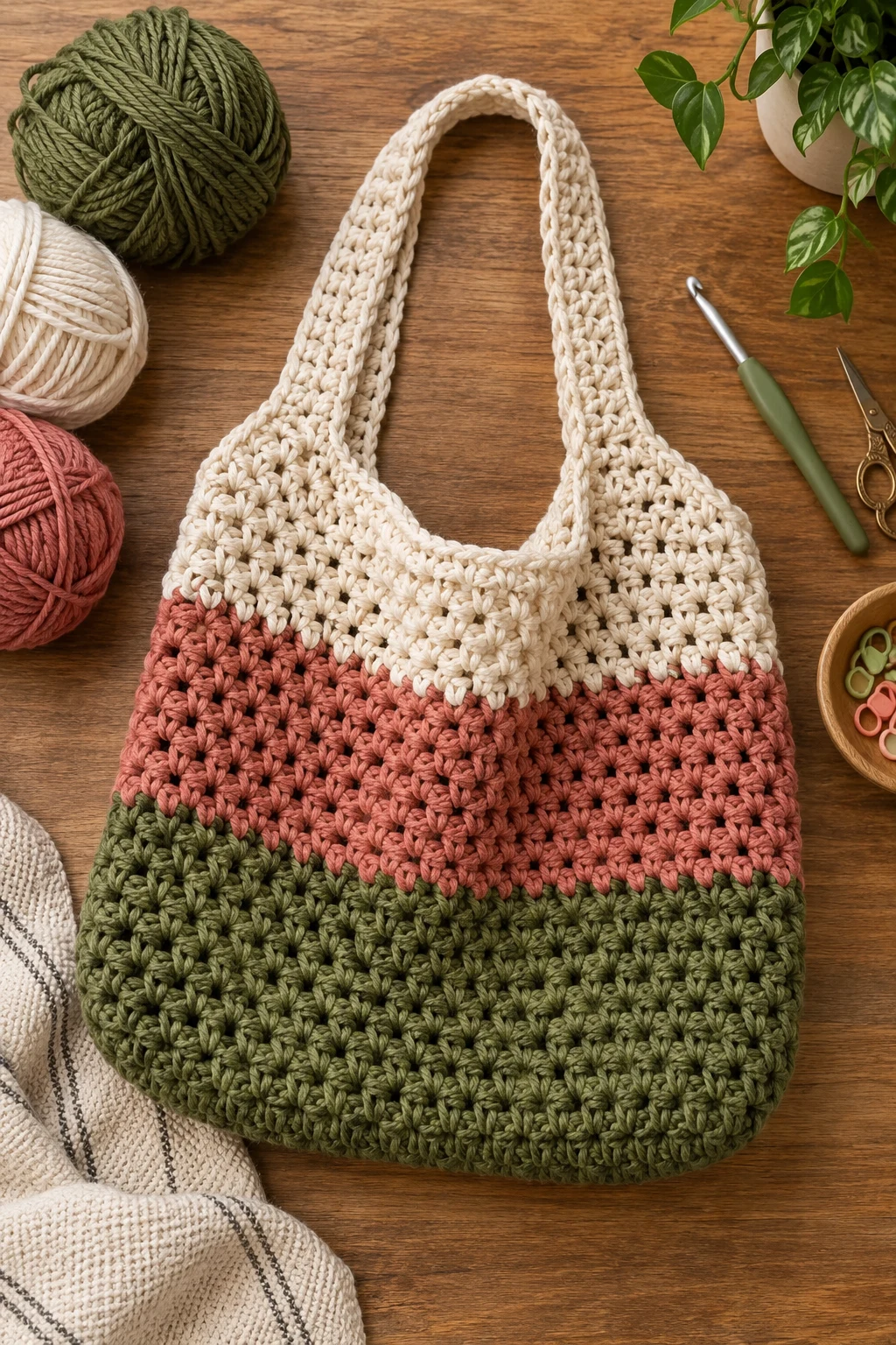 The Color-Block Market Bag — chunky crochet bag style outfit