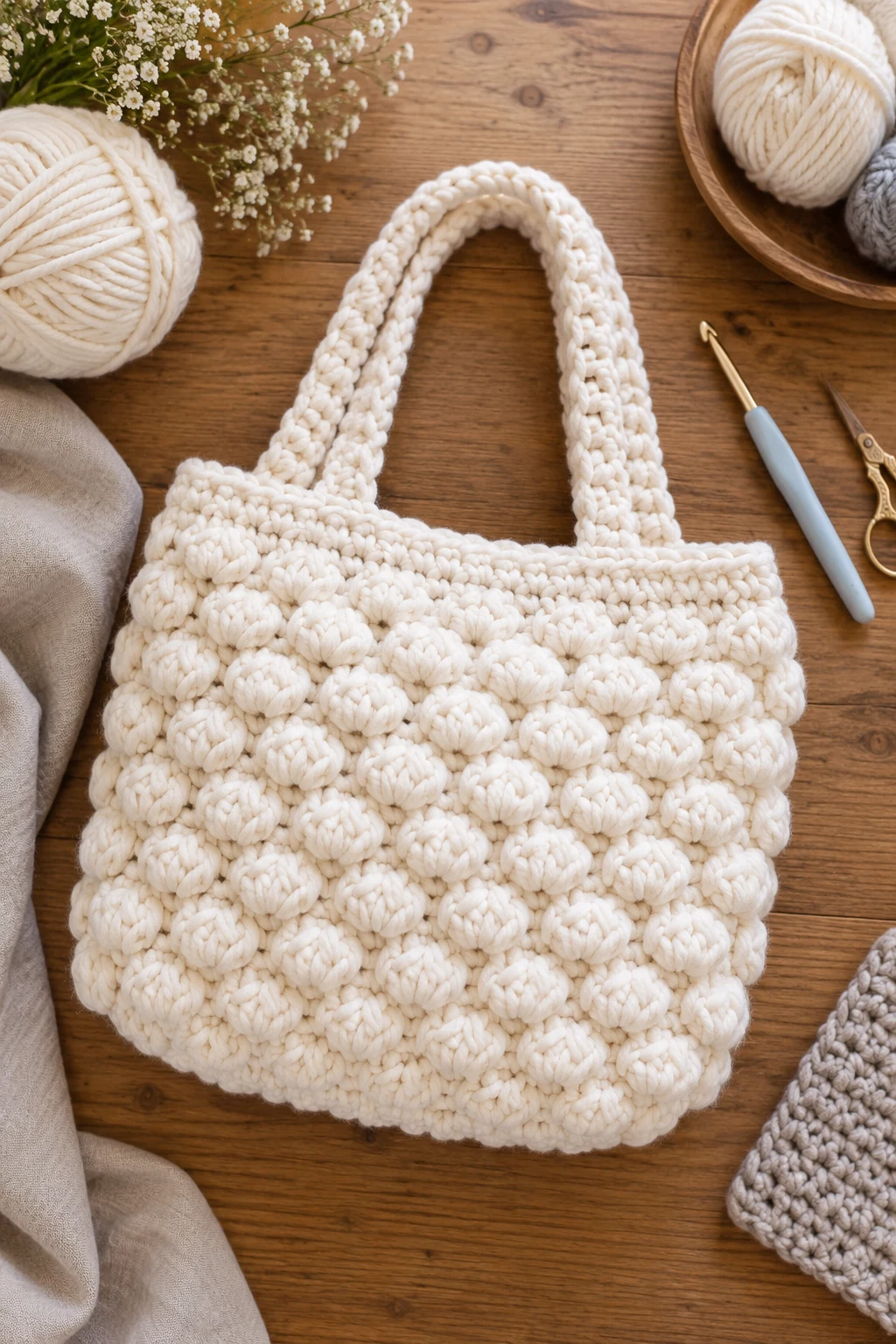The Puffy Cloud Tote — chunky crochet bag style outfit