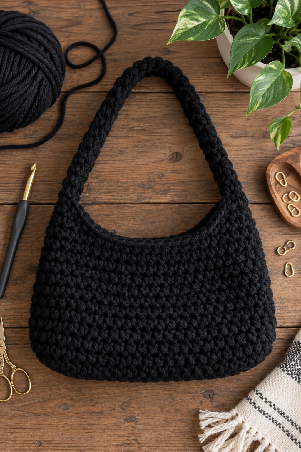 The Black Minimalist Shoulder Bag — chunky crochet bag style outfit