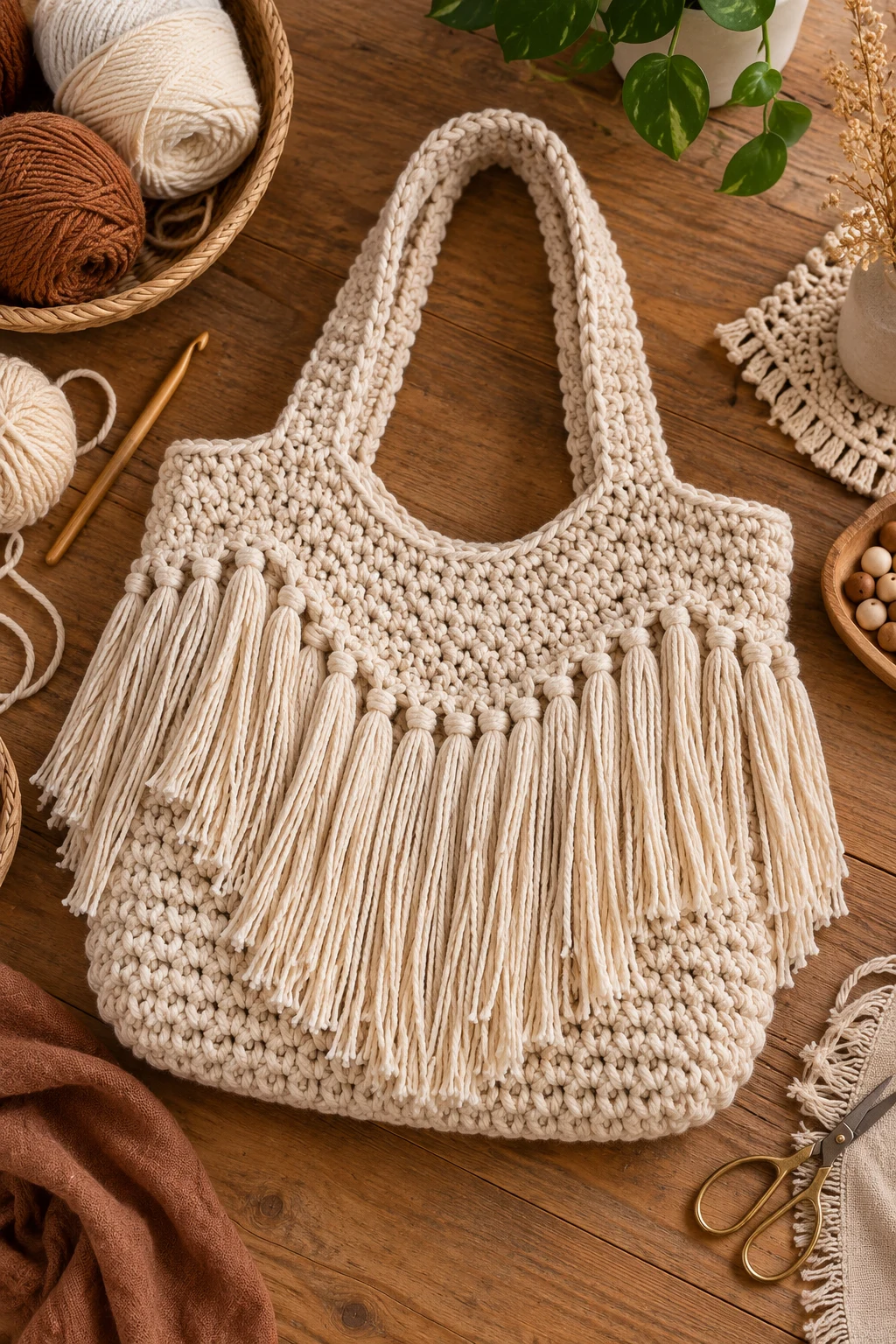 The Boho Fringe Tote — chunky crochet bag style outfit
