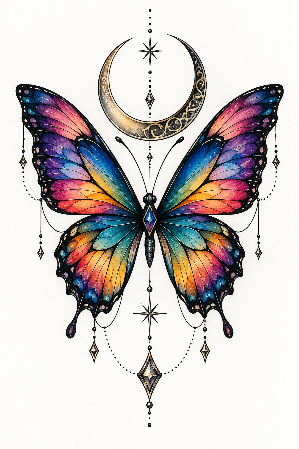 Colorful Butterfly With a Crescent Moon — colorful butterfly tattoo style outfit