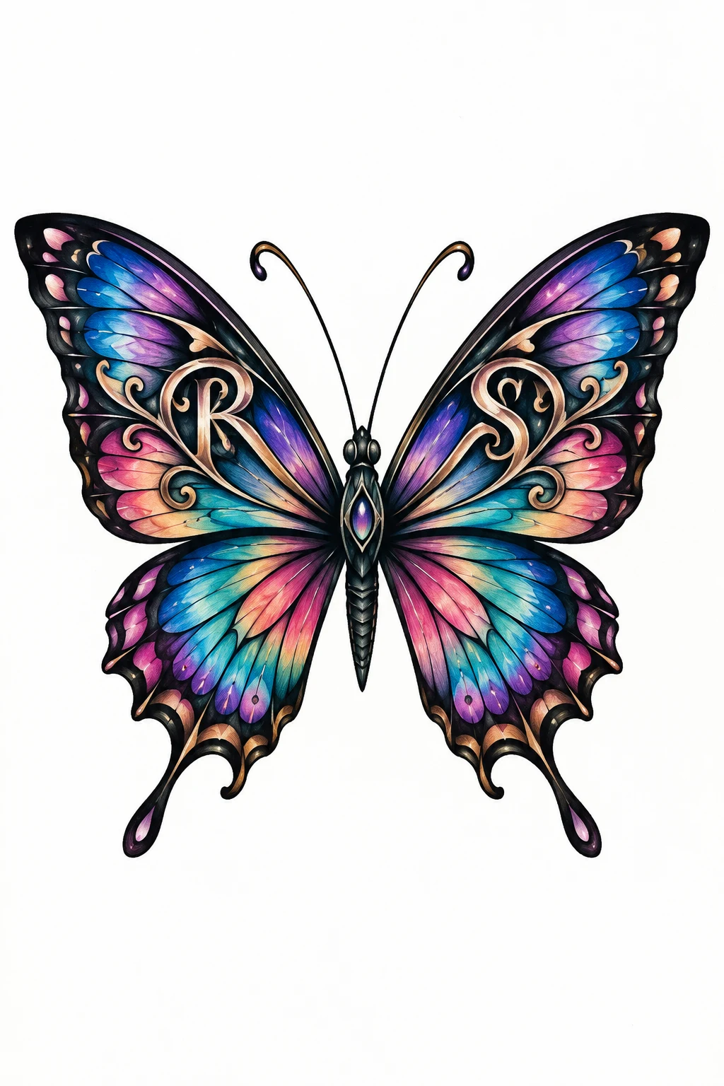Butterfly With Hidden Initials — colorful butterfly tattoo style outfit