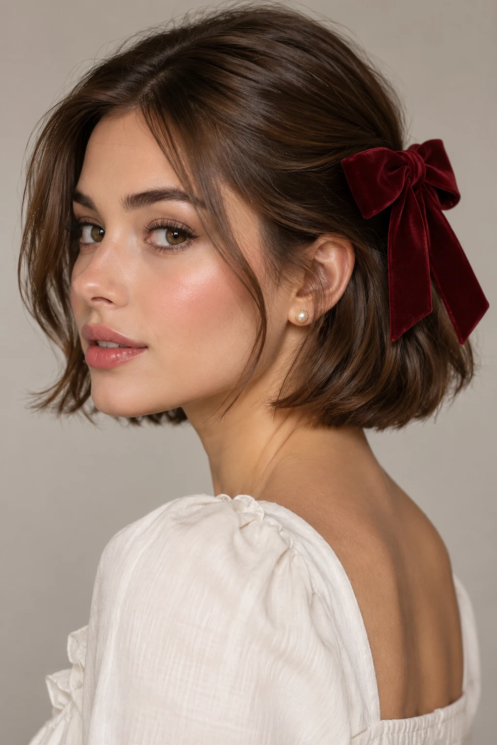 The Velvet Bow Bob — coquette hairstyles short style outfit