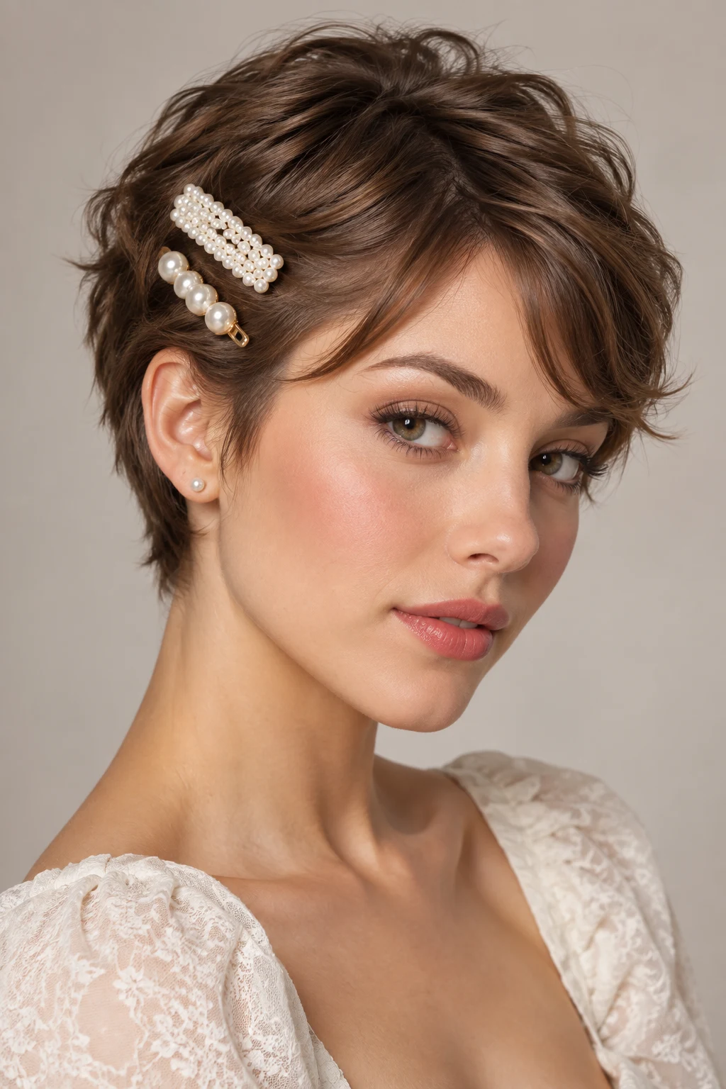 Pearl-Clip Pixie — coquette hairstyles short style outfit