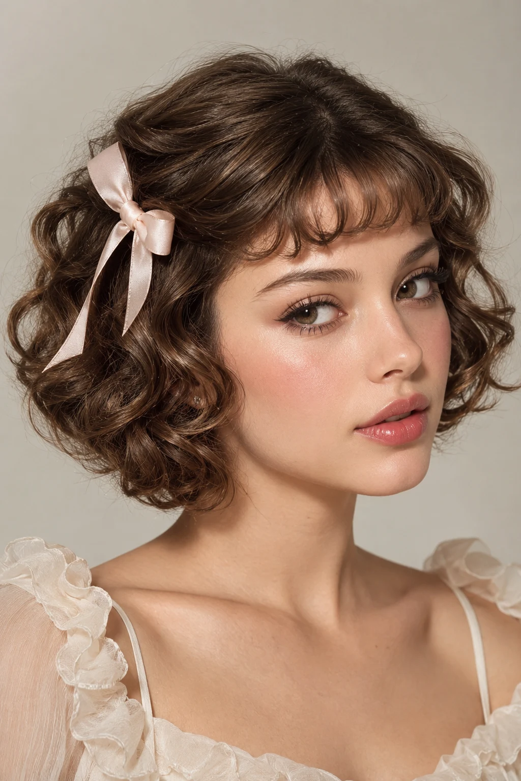 Soft Curls With Baby Bangs — coquette hairstyles short style outfit