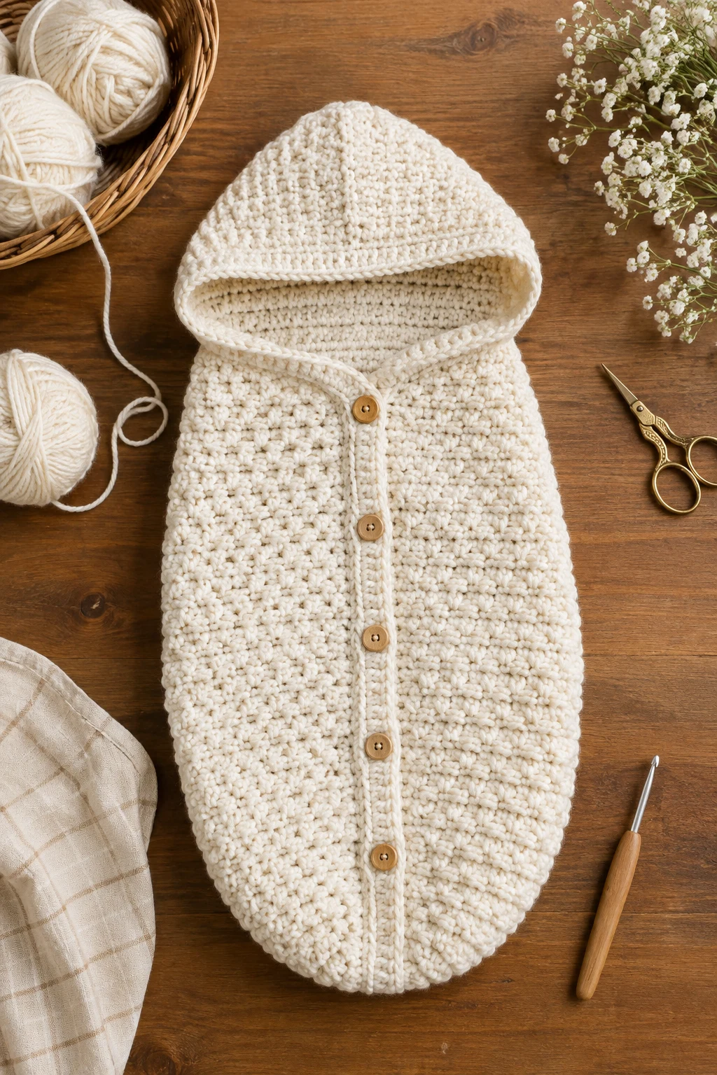 Classic Cream Crochet Baby Sleeping Bag — crochet baby sleeping bag style outfit