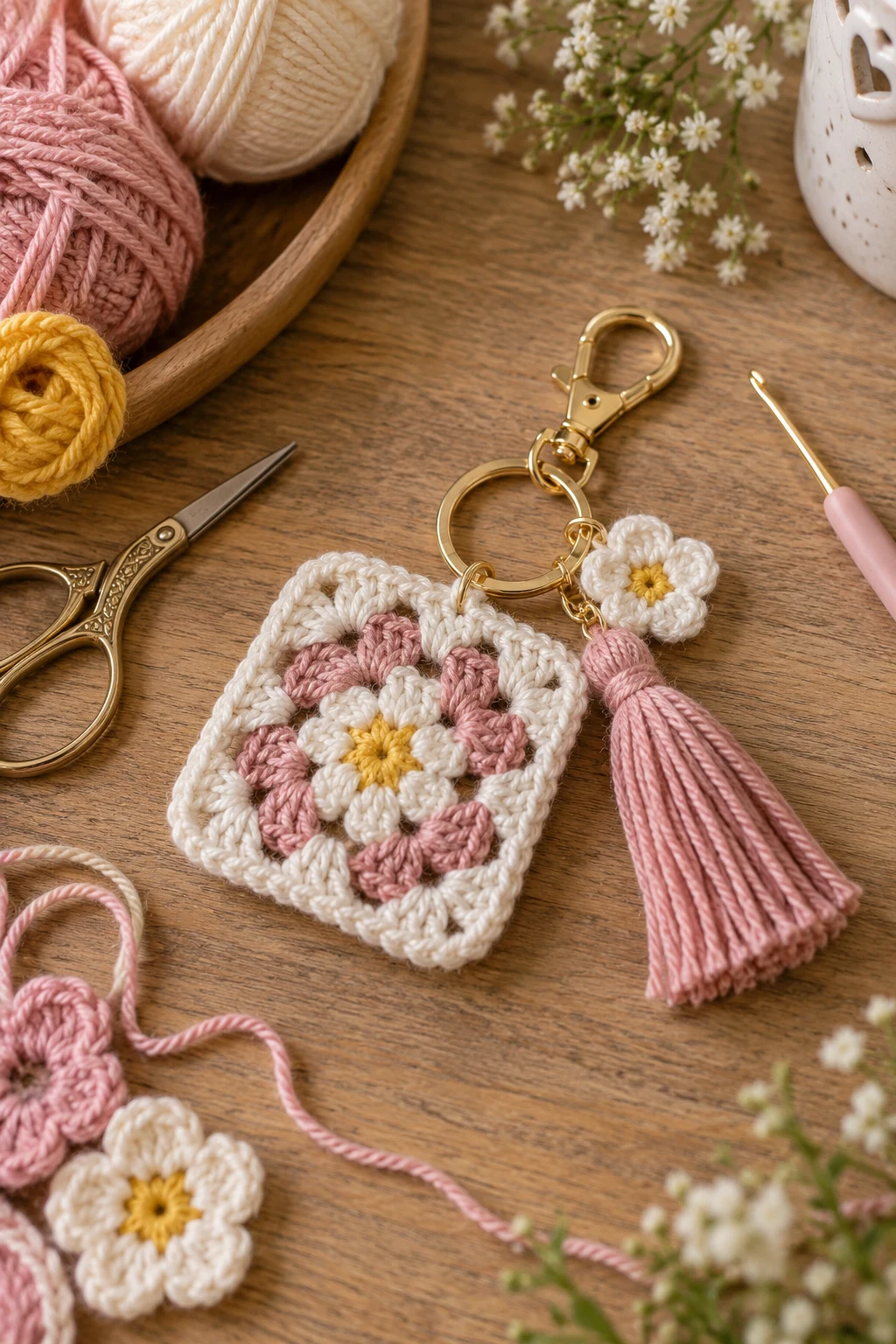 Mini Granny-Square Charm — Crochet bag accessories style outfit