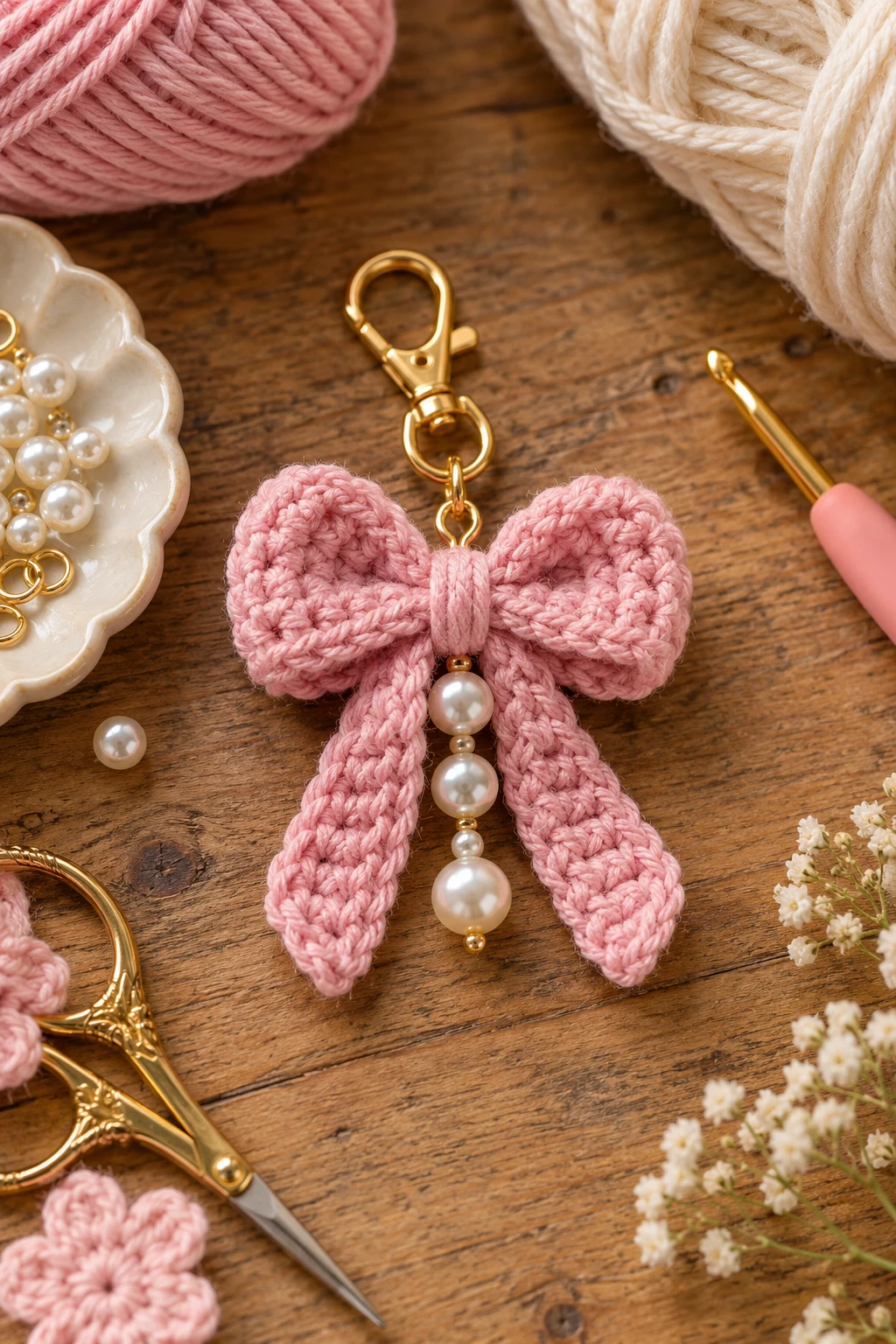 Mini Bow-and-Pearl Charm — crochet bag charms aesthetic style outfit