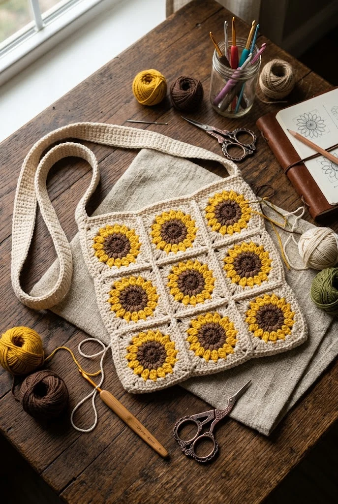 Sunflower Granny Square Shoulder Bag — crochet bag easy style outfit
