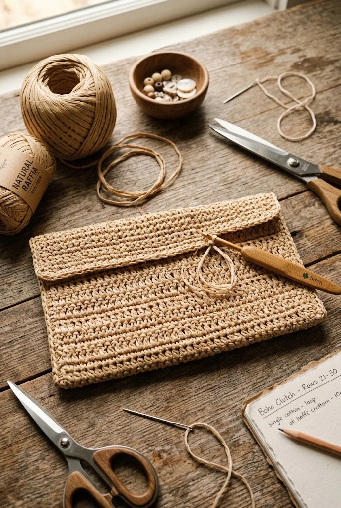 Boho Raffia Beach Clutch — crochet bag easy style outfit