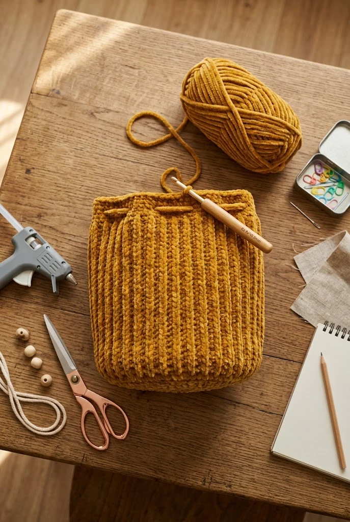 Ribbed Velvet Drawstring Bucket Bag — crochet bag easy style outfit
