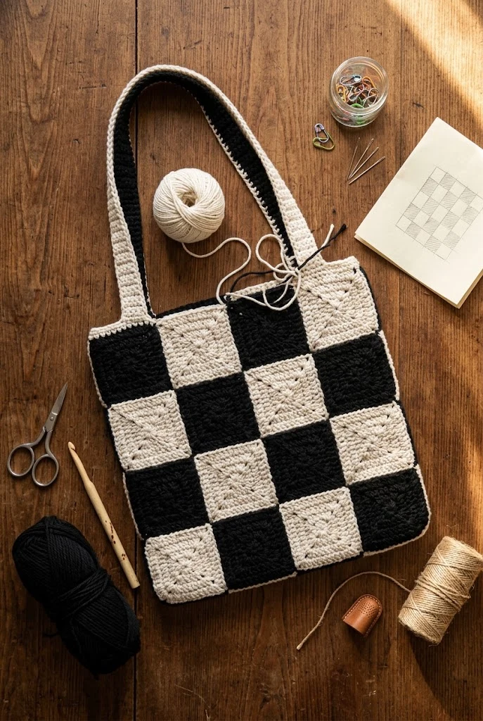 Geometric Checkered Shoulder Tote — crochet bag easy style outfit