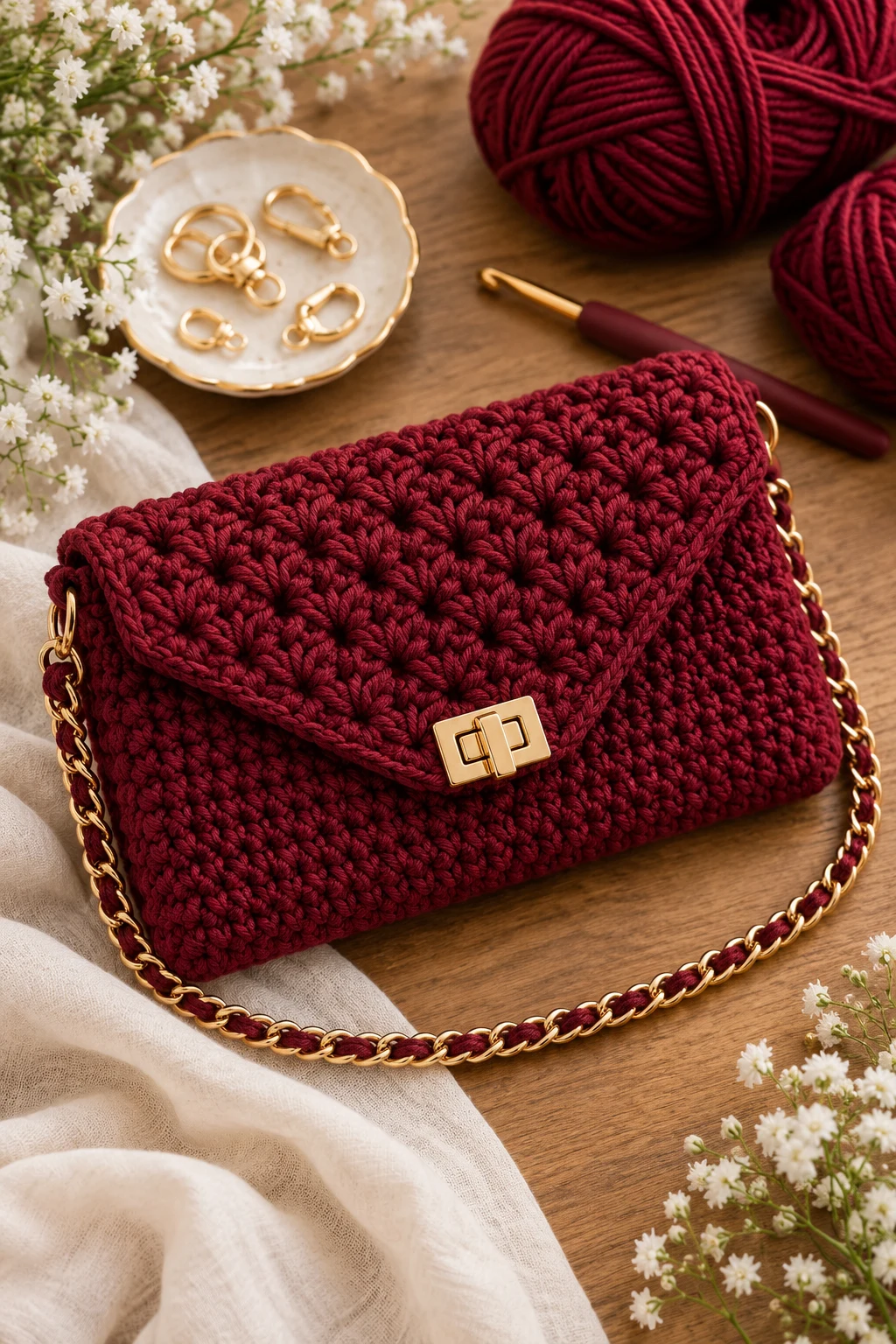 Burgundy Evening Clutch — crochet bag ideas handbags style outfit