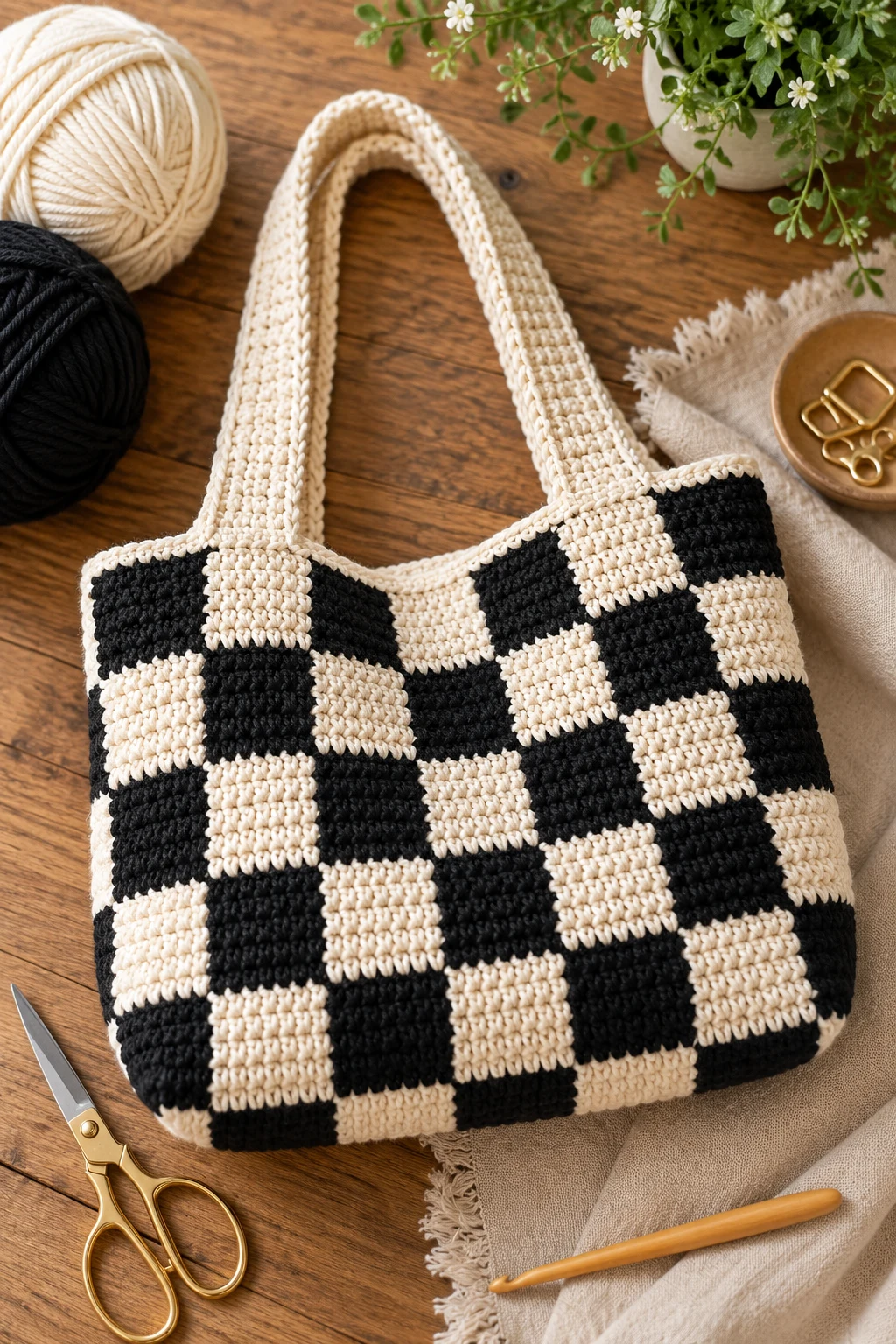Black-and-Cream Checkerboard Bag — crochet bag ideas handbags style outfit