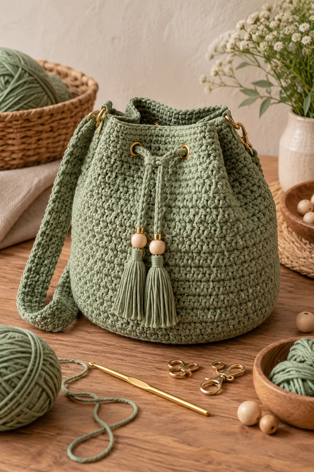 Sage Green Crochet Bucket Bag — crochet bag ideas handbags style outfit