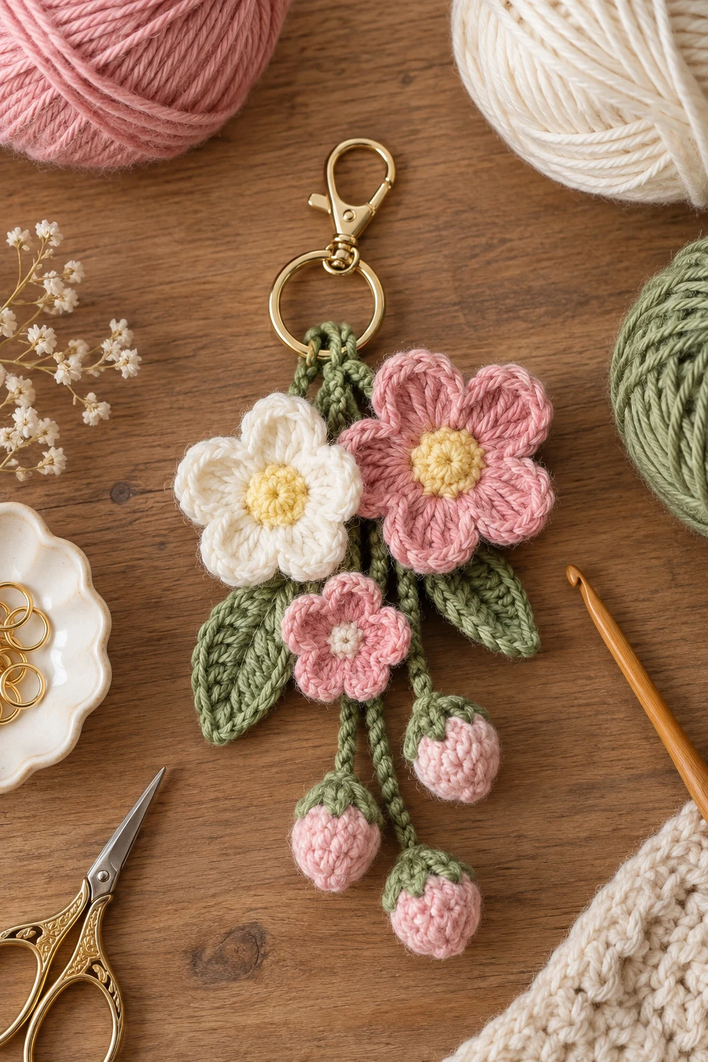 Crochet Flower-and-Leaf Cluster — crochet bag keychain style outfit
