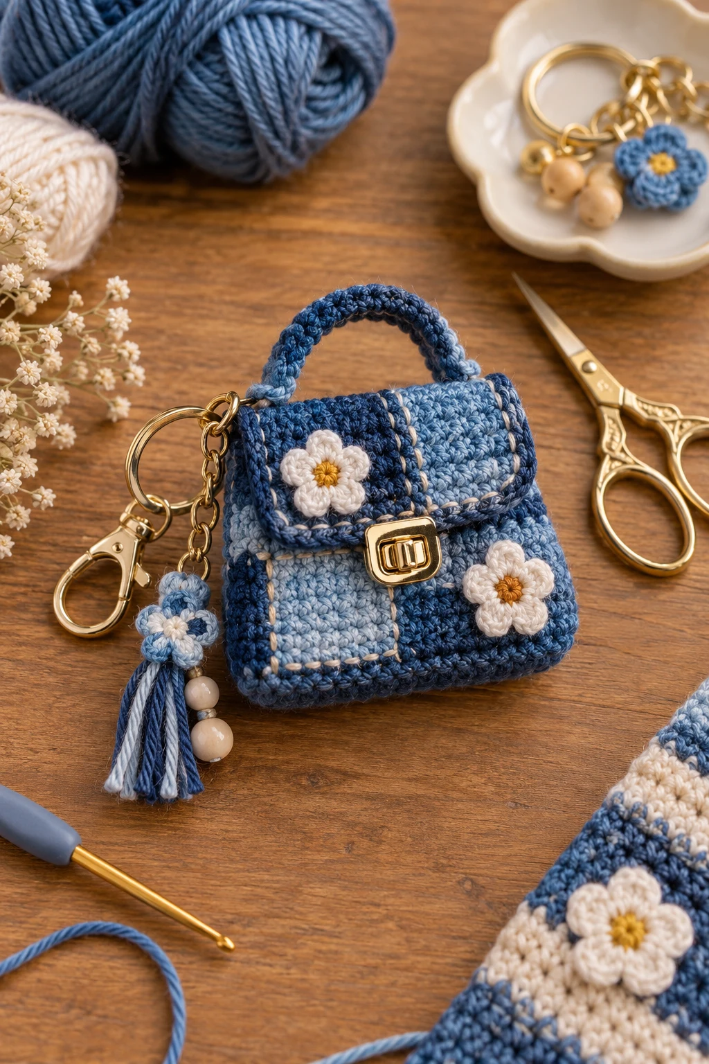 Patchwork Denim-Blue Mini Bag — crochet bag keychain style outfit
