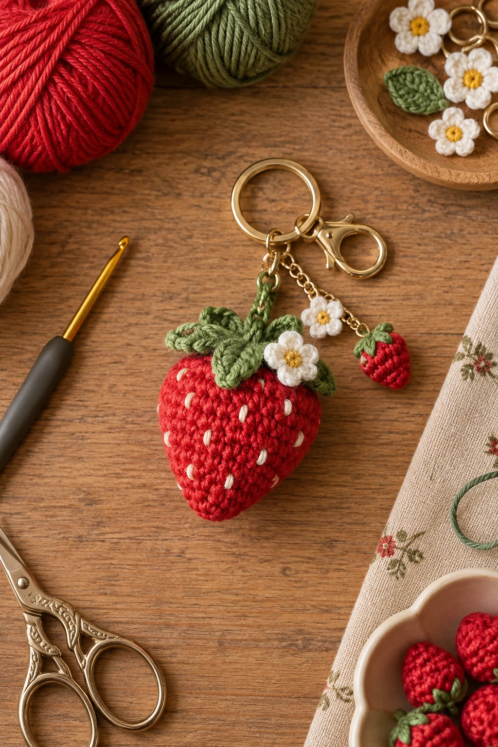 Tiny Strawberry Charm — crochet bag keychain style outfit