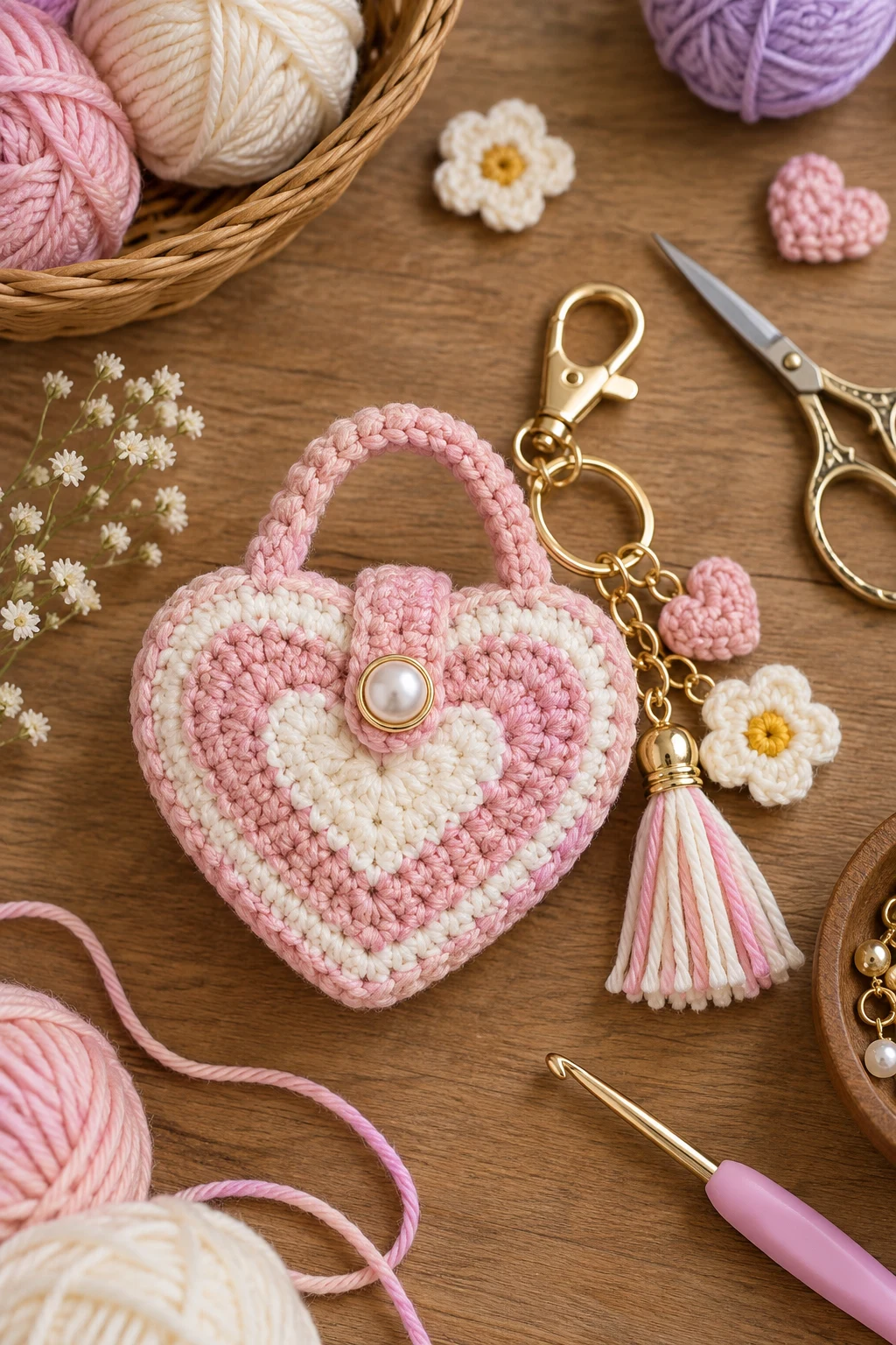 Pastel Heart Purse Charm — crochet bag keychain style outfit