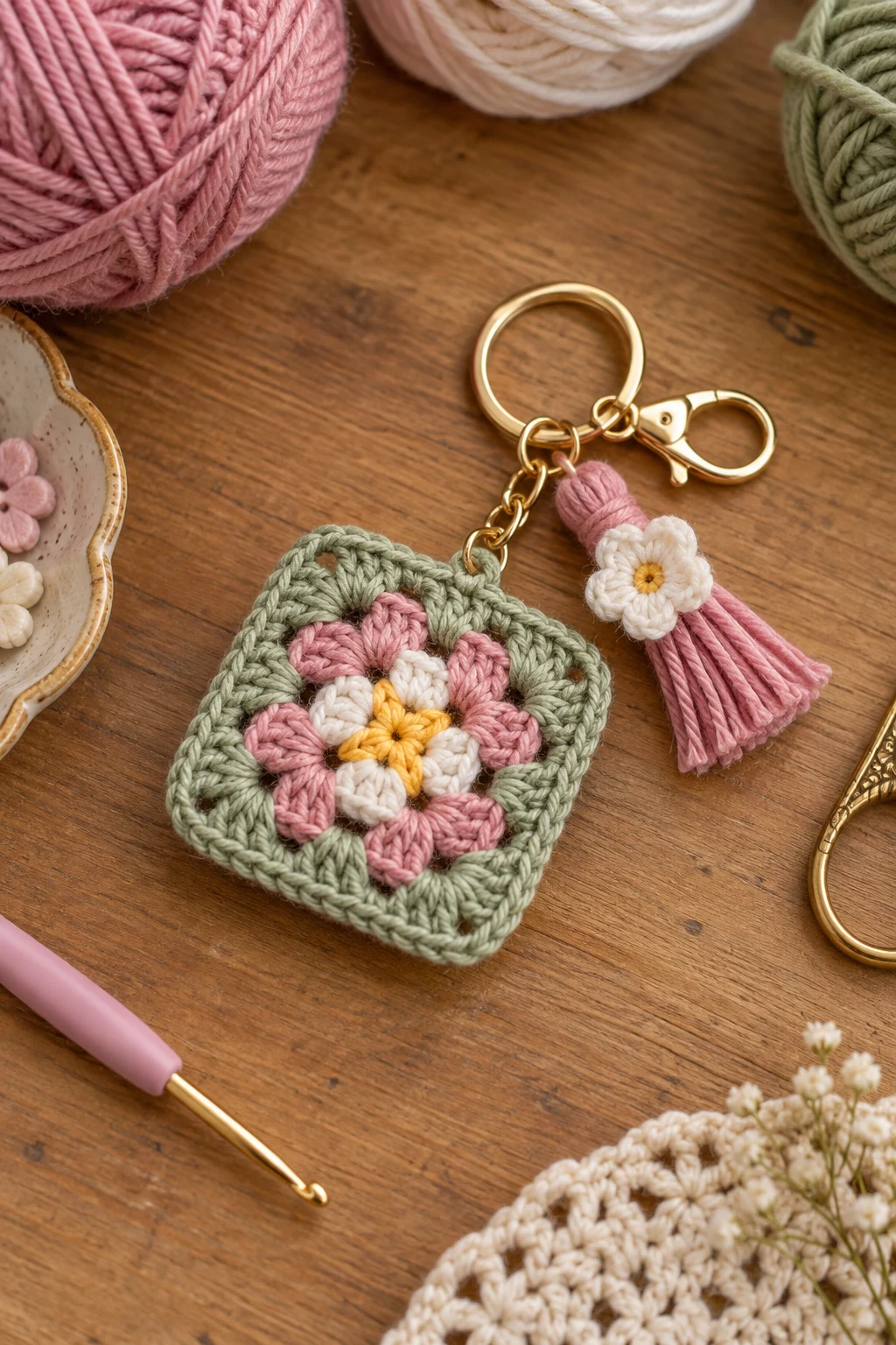 Mini Granny-Square Charm — crochet bag keychain style outfit