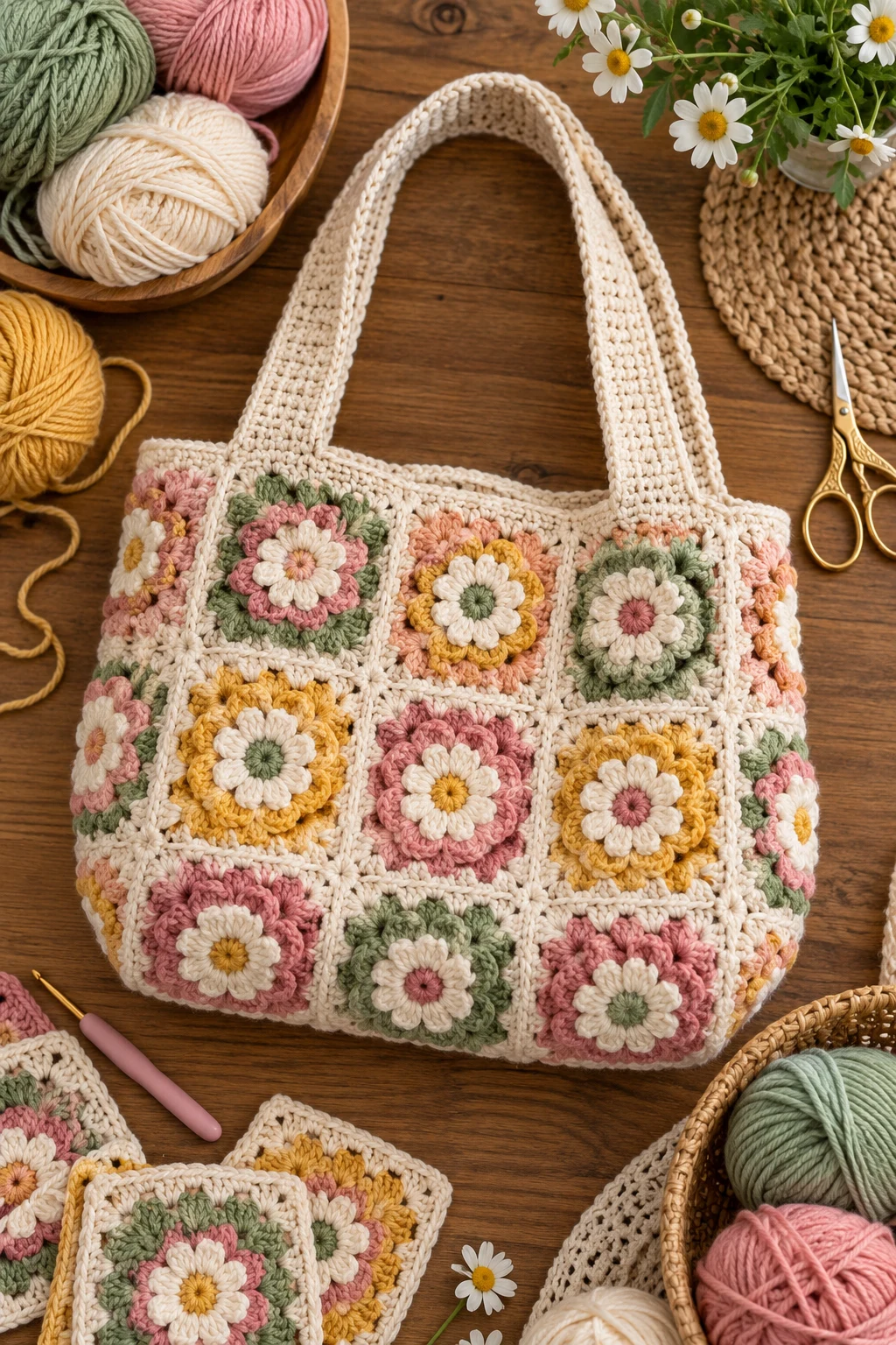 Pinterest-Worthy Layered Granny Square Layout — crochet bag layout style outfit
