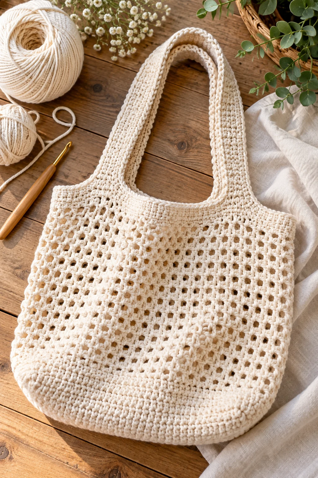 Minimalist Cream Market Tote — crochet bag layout style outfit