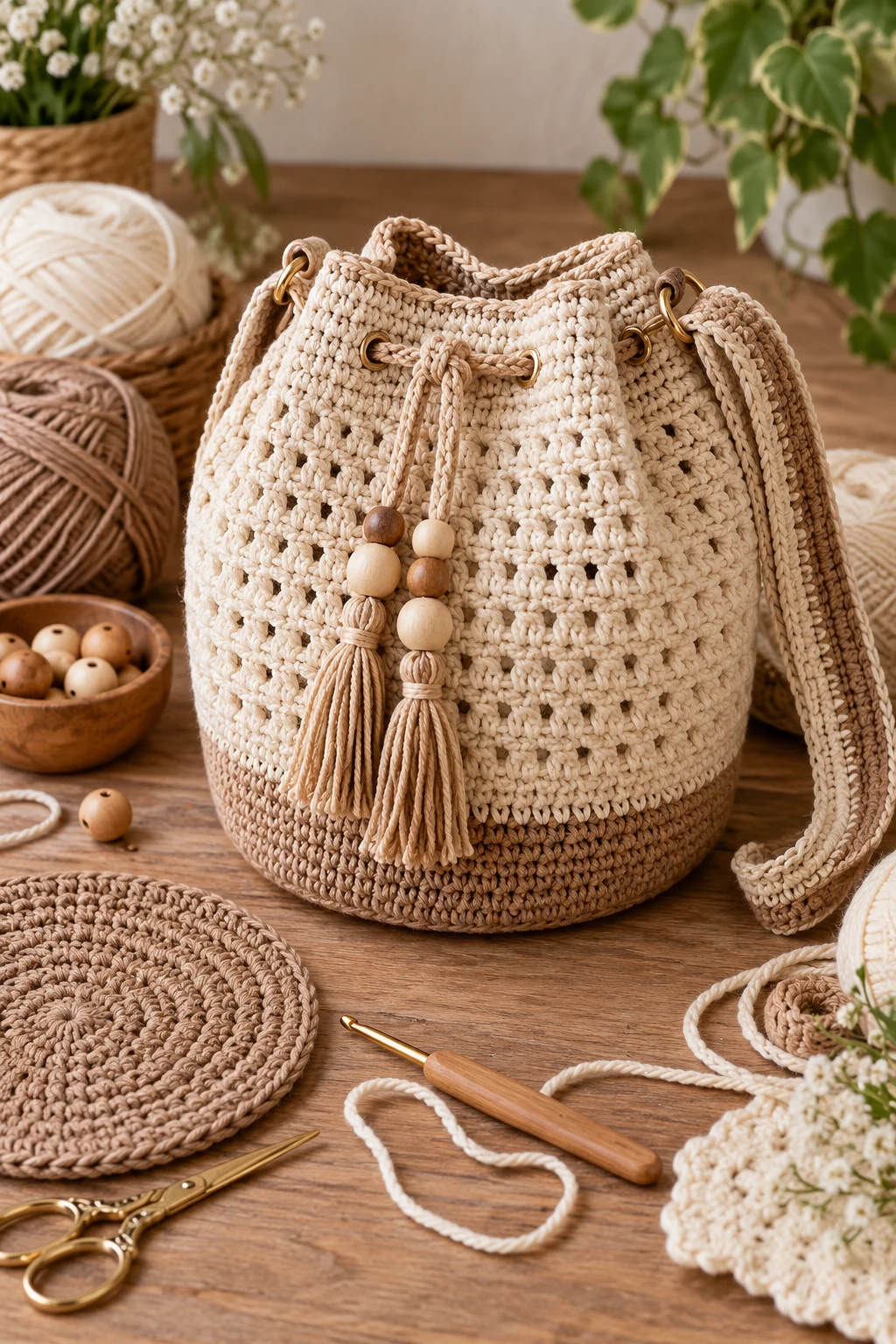 Round-Base Bucket Bag Layout — crochet bag layout style outfit