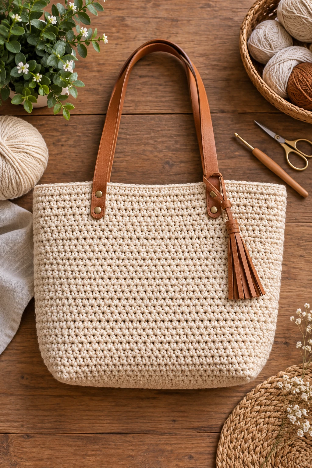 Neutral Tote With Leather-Style Handles — crochet bag pattern tote style outfit